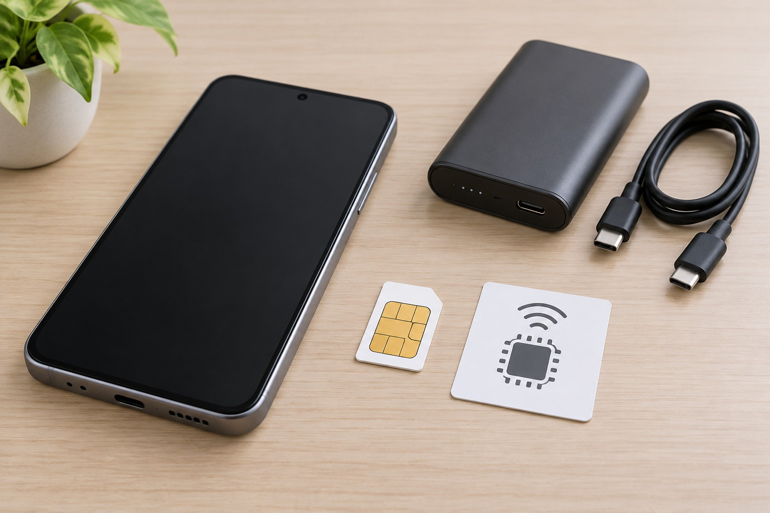 スマートフォン、SIMとeSIM、充電用品を区別した概念イラスト