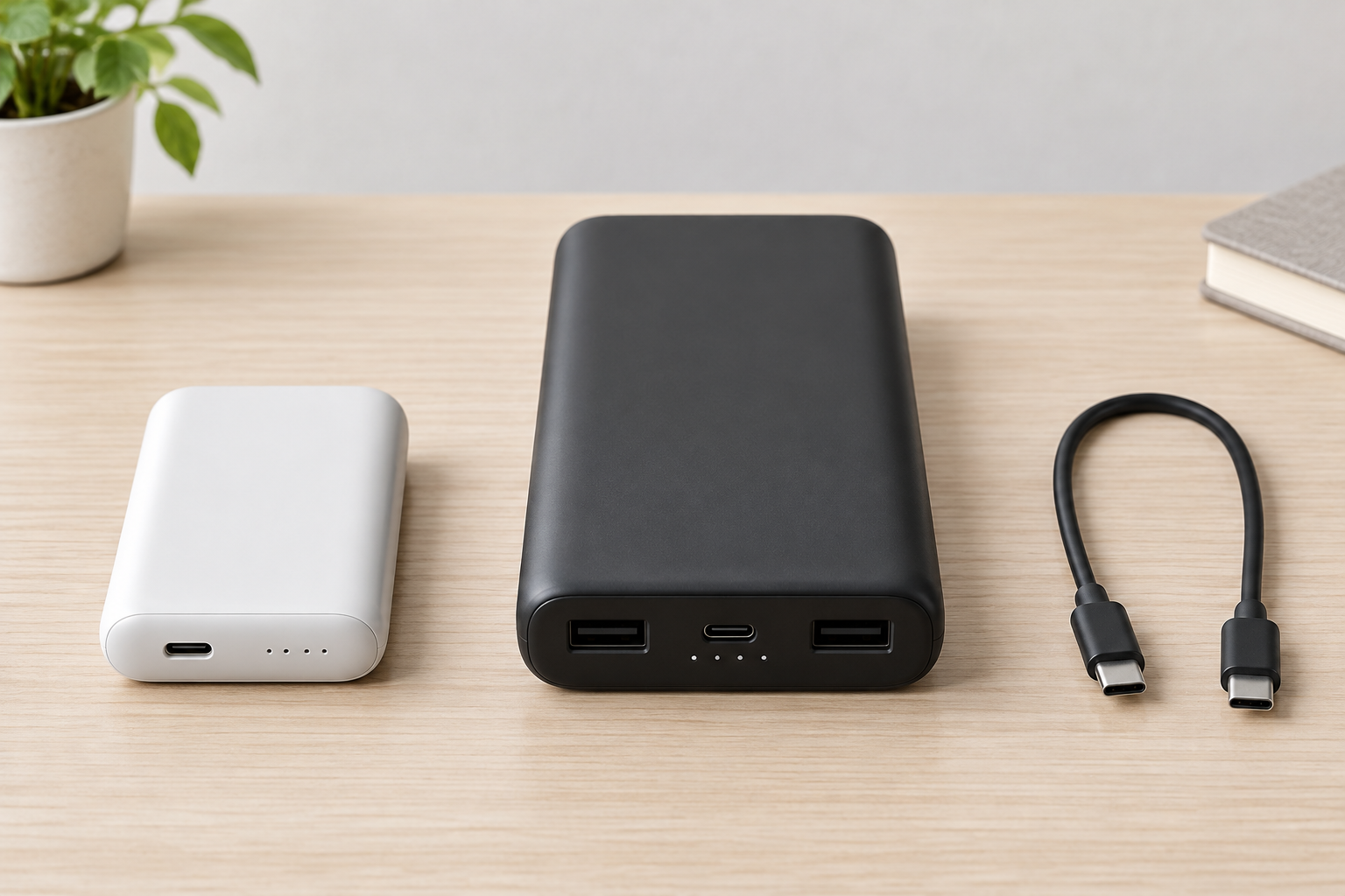 小型と大型のモバイルバッテリーとUSB-Cケーブルを並べた生成比較イメージ