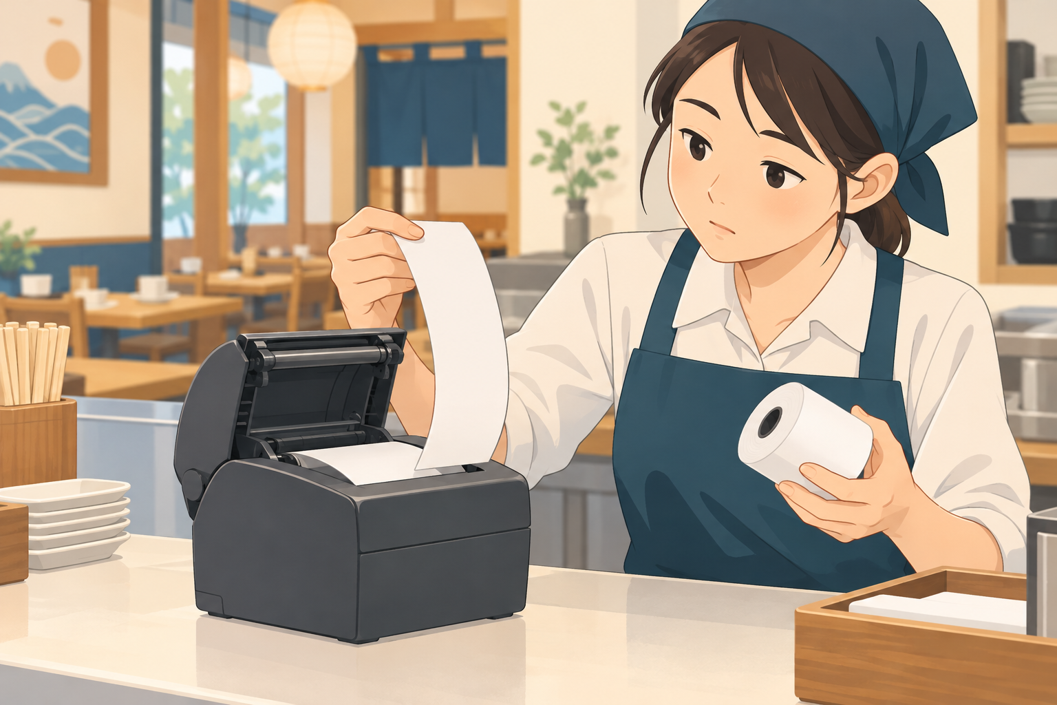 白紙のレシートと無地のプリンターを確認する飲食店スタッフの概念イラスト